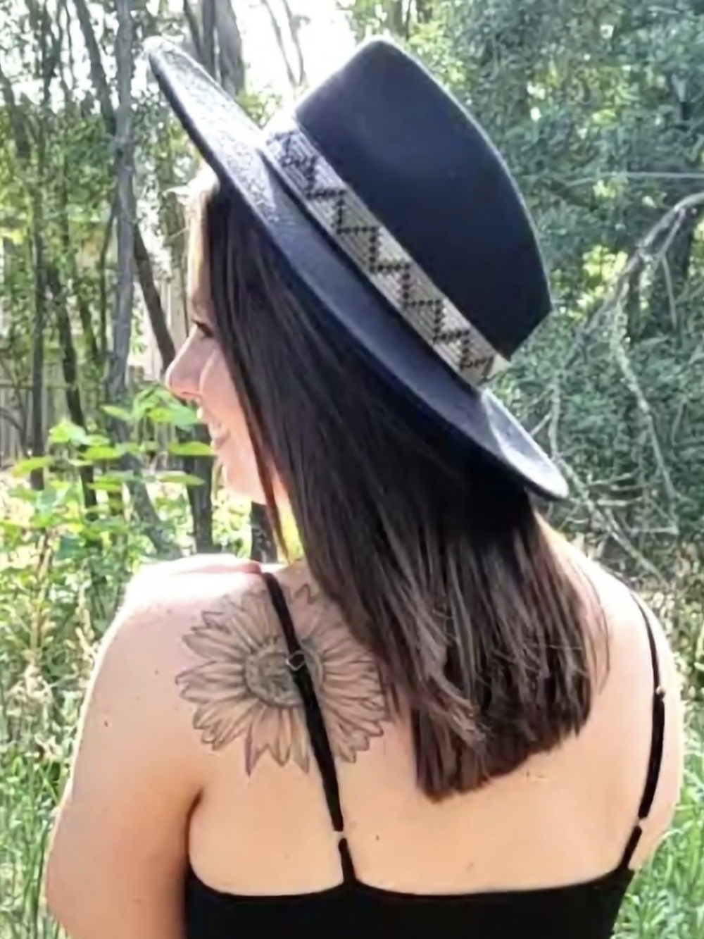 Black Wide-Brim Fedora Hat with Patterned Band - Women